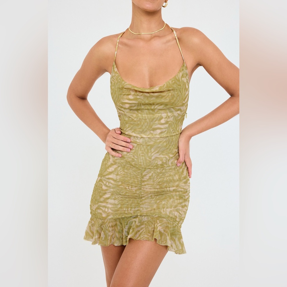 Mistress Rocks Olive Print Ruffle Mini Dress NWT - Picture 3 of 12